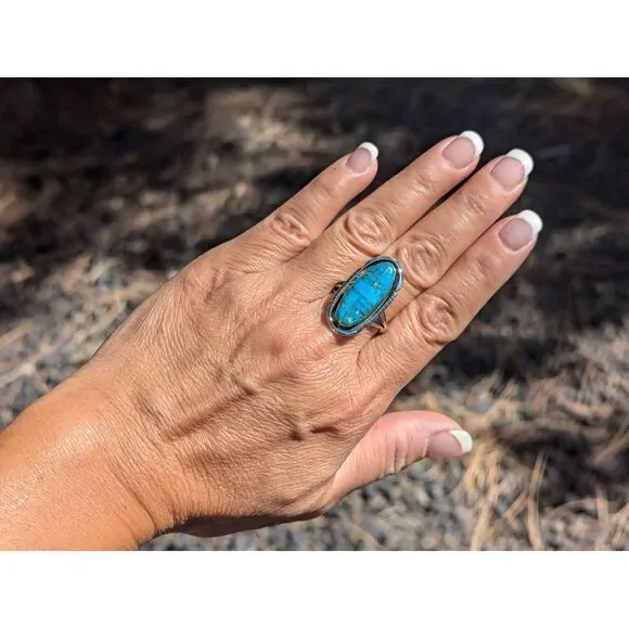Navajo Ring Inlay Kingman Turquoise Tri-Cut Border Sterling‎ Sz 9.5**